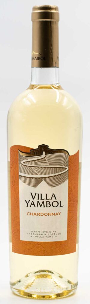 Fľaša bieleho suchého vína z Bulharska - Villa Yambol Chardonnay – zlatistozelený odtieň.